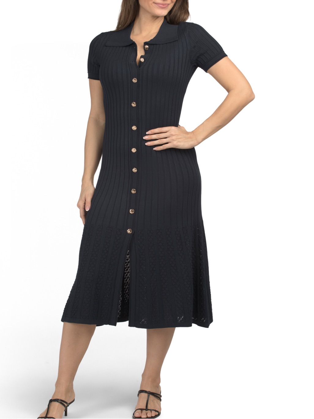 Elie Tahari Ribbed Button-Front Knit Midi Dress - Black